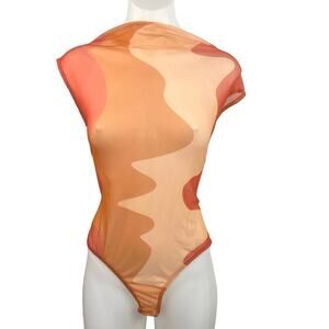 Pretty Little Things Women Orange Abstract Wave Print Sleeveless Bodysuit Top 10